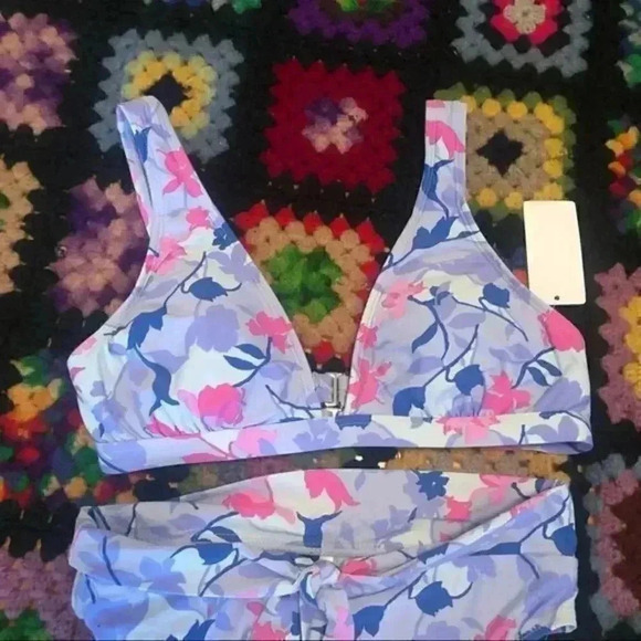 NWT Splendid Floral Print High Waist Bikini Set V Neck Two Piece Swimsuit - Picture 9 of 12